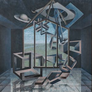 Piet van Mook - Acryl op paneel, Geometrisch-illusionistisch interieur - Ingelijst kopen? Bied vanaf 100!