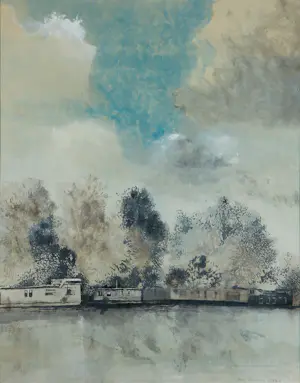 Jose Calsina - Pen/ Aquarel op papier, Woonboten- Ingelijst kopen? Bied vanaf 40!