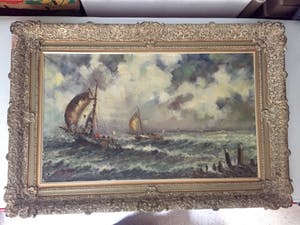 Willem Bos - Platbodems op woelige zee - Olieverf op Doek, Klassieke, grote lijs kopen? Bied vanaf 299!