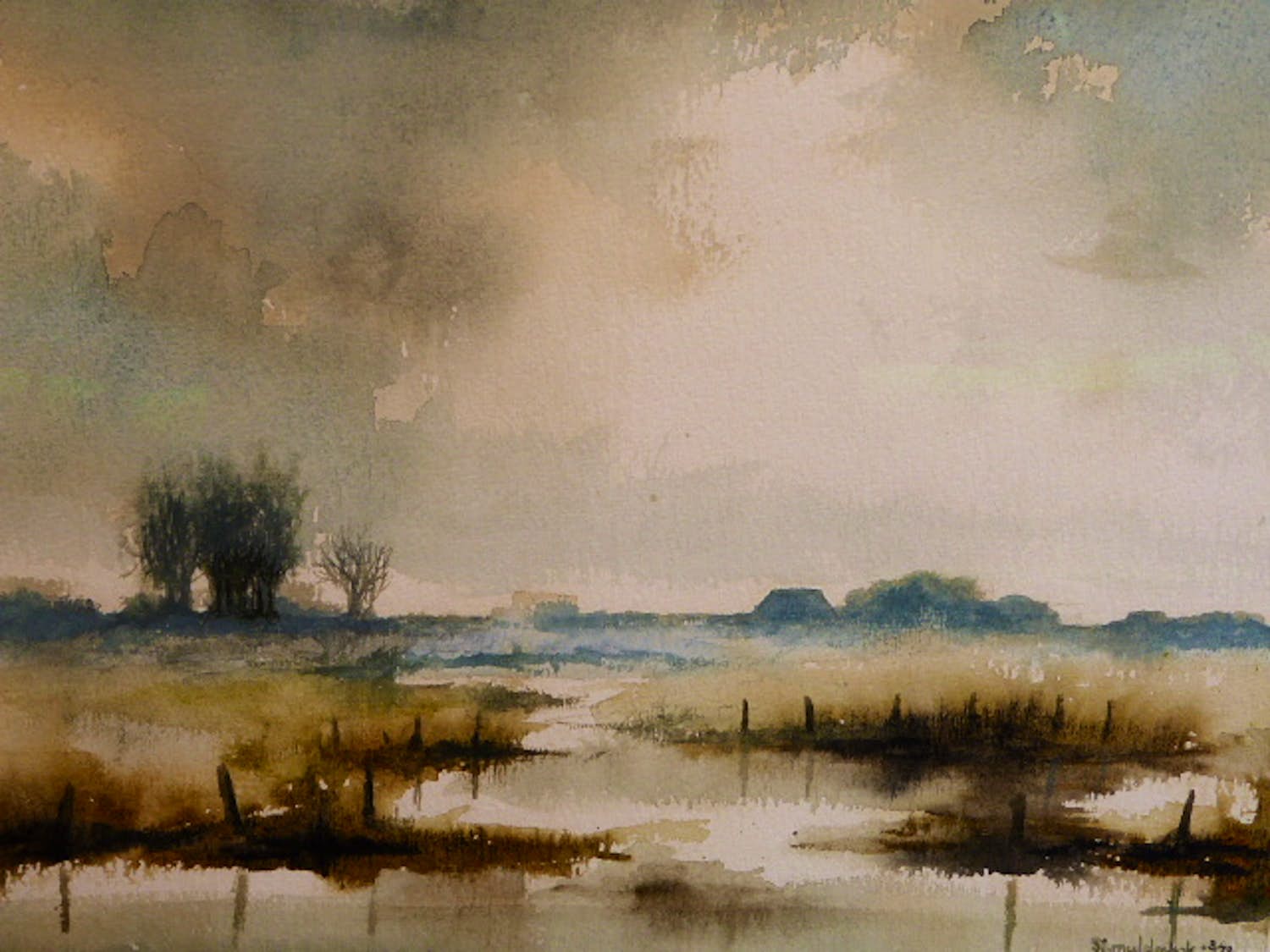 Sjoerdtje Mulder-Hak - Aquarel, Uiterwaarden IJssel kopen? Bied vanaf 75!
