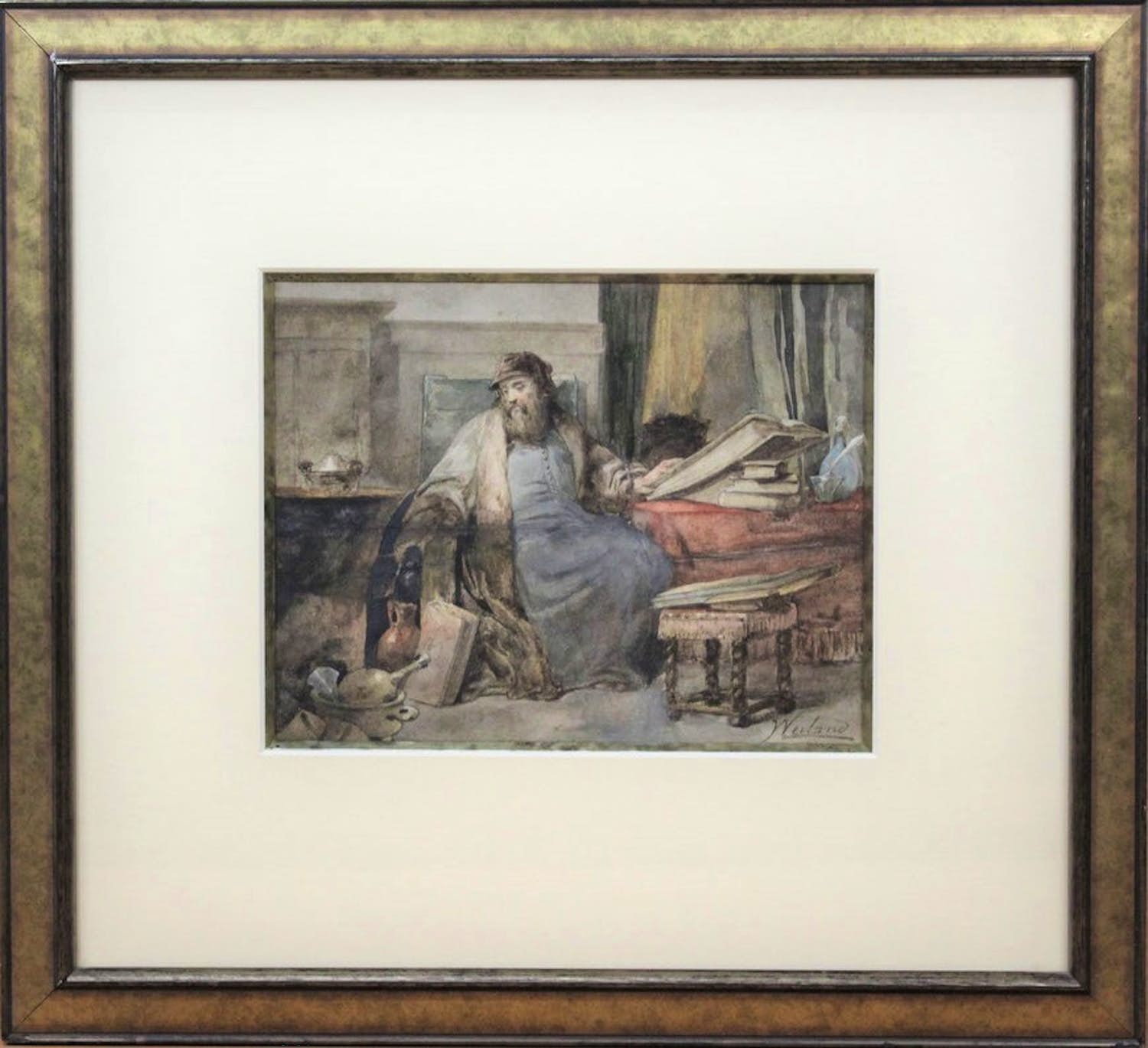 Johannes Weiland - Aquarel op papier - "Lezende man in interieur" verkocht voor € 195!