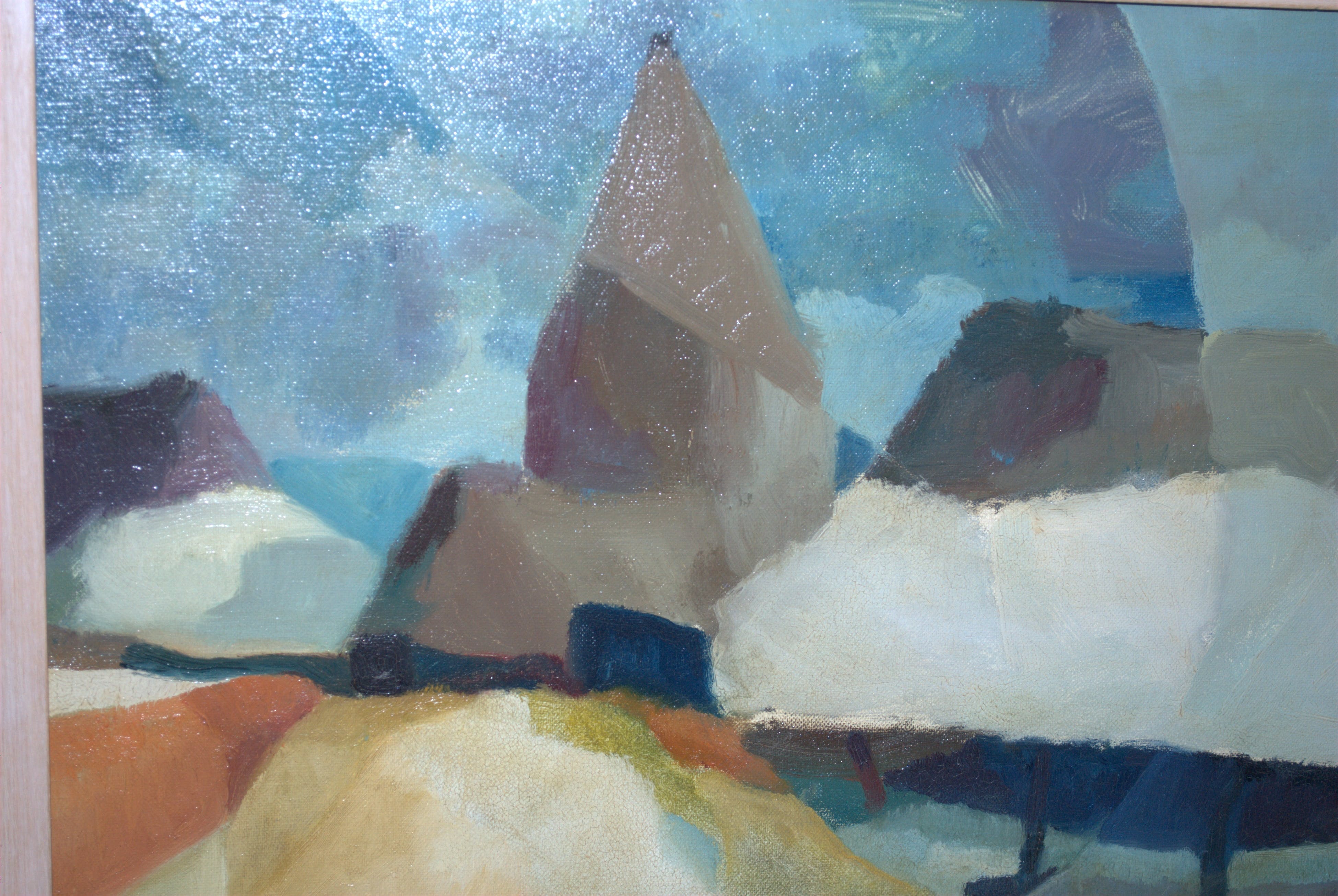 Niet of onleesbaar gesigneerd - abstract landschap met kerk - olieverf 50x70 cm kopen? Bied vanaf 1!
