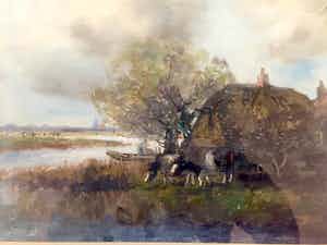 Adriaan Terhell - Hollands landschap - Aquarel, Ingelijst verkocht voor € 75!