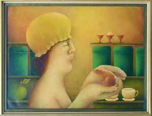 Niet of onleesbaar gesigneerd - Ingelijst, acrylverf op doek op board (marouflé) , “Man & Muis” - 1972 verkocht voor € 1!