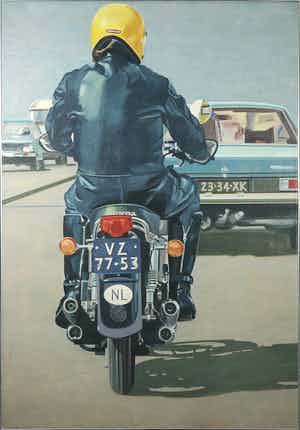 Jurjen de Haan - Olieverf op doek, Motorrijder / Groot fotorealistisch werk uit 1975 - Ingelijst verkocht voor € 500!