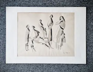 Dick Elffers - Gesigneerde jaren 50 aquarel inkt en potlood tekening "4 generaties vrouwen" kopen? Bied vanaf 38!