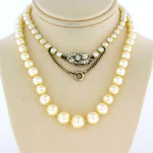 18k gouden art deco slot bezet met oud slijsel diamanten aan een parelcollier verkocht voor € 400!