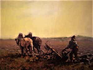 Jan Simon Knikker (jr.) - Licht impressionistisch olieverf "Ploegende boer bij invallende avond" gesigneer verkocht voor € 10!