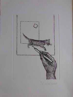 Roger Raveel - KAT IN VIERKANT / ZW-W ETS / 39x27cm / SIG / 2010 kopen? Bied vanaf 275!