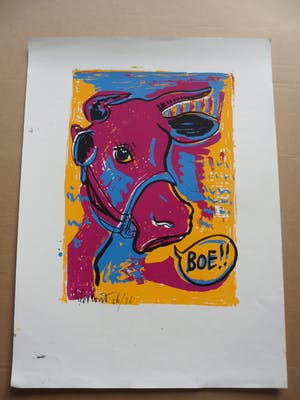 Peter Klashorst - Zeefdruk, titel. 'De verbaasde koe kopen? Bied vanaf 35!