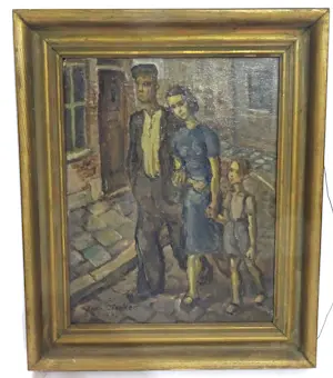 Buy Joop Liesker - Bloemstilleven en gezin in straat? Bid from 50!