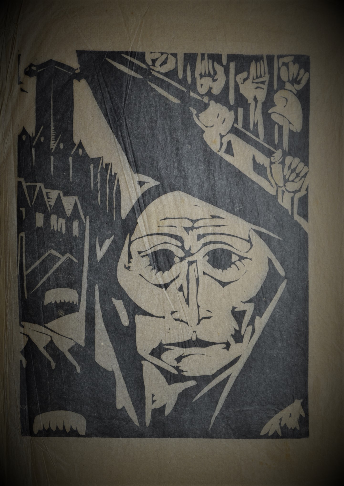 Hildo Krop - houtsnede, mannenkop verkocht voor € 25!