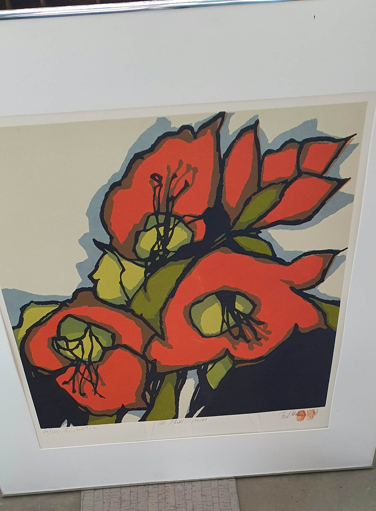Fon Klement - Boardsnede, Les Fleurs figaces - Ingelijst verkocht voor € 50!