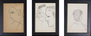 Siep van den Berg - Lot van drie pentekeningen, Vier hoofden - Ingelijst verkocht voor € 35!