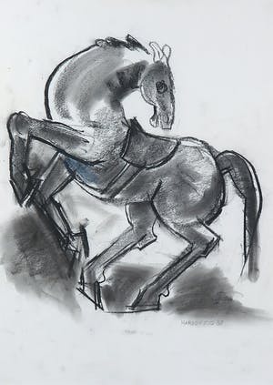 Margot Hudig-Heldring - Houtskool, Steigerend paard - Ingelijst kopen? Bied vanaf 35!