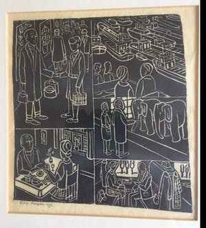 Elly Kuipers - - houtsnede - vijf jaren '70 tafereeltjes kopen? Bied vanaf 20!