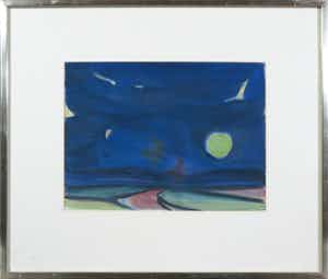 Paul Overhaus - Aquarel, Landschap met Kraaien en Maan - Ingelijst verkocht voor € 1!