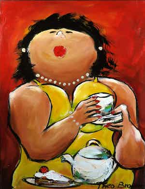 Theo Broeren - Acryl op doek, Theetijd verkocht voor € 1!