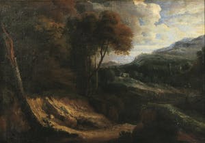 Cornelis Huysmans - 17e eeuw - Olieverf op doek - Heuvellandschap met droogstaande rivierbedding - Ingelijst kopen? Bied vanaf 800!