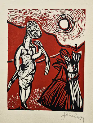 Gene Eggen - Jaren 60 kleuren houtsnede - vrouw in zomers landschap - gesigneerd kopen? Bied vanaf 40!