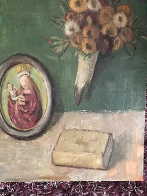 Jan Linschooten - gevarieerd stilleven met o.a. droogboeket en religieus portret in lijstje kopen? Bied vanaf 1!