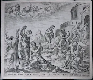 Johannes Wierix - naar Maerten van Heemskerck, Kopergravure, Vergeef ons onze schulden kopen? Bied vanaf 1!