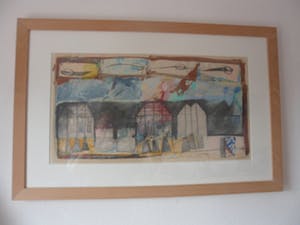 Susan Schildkamp - Gemengde techniek en collage op papier, Titel, "Het koekhuis lll kopen? Bied vanaf 50!