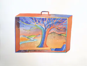 AcheterJean Michel Folon - Reizen in een koffer, Een groet uit de Ardennen, Offsetlithografie? Enchérissez de 80!