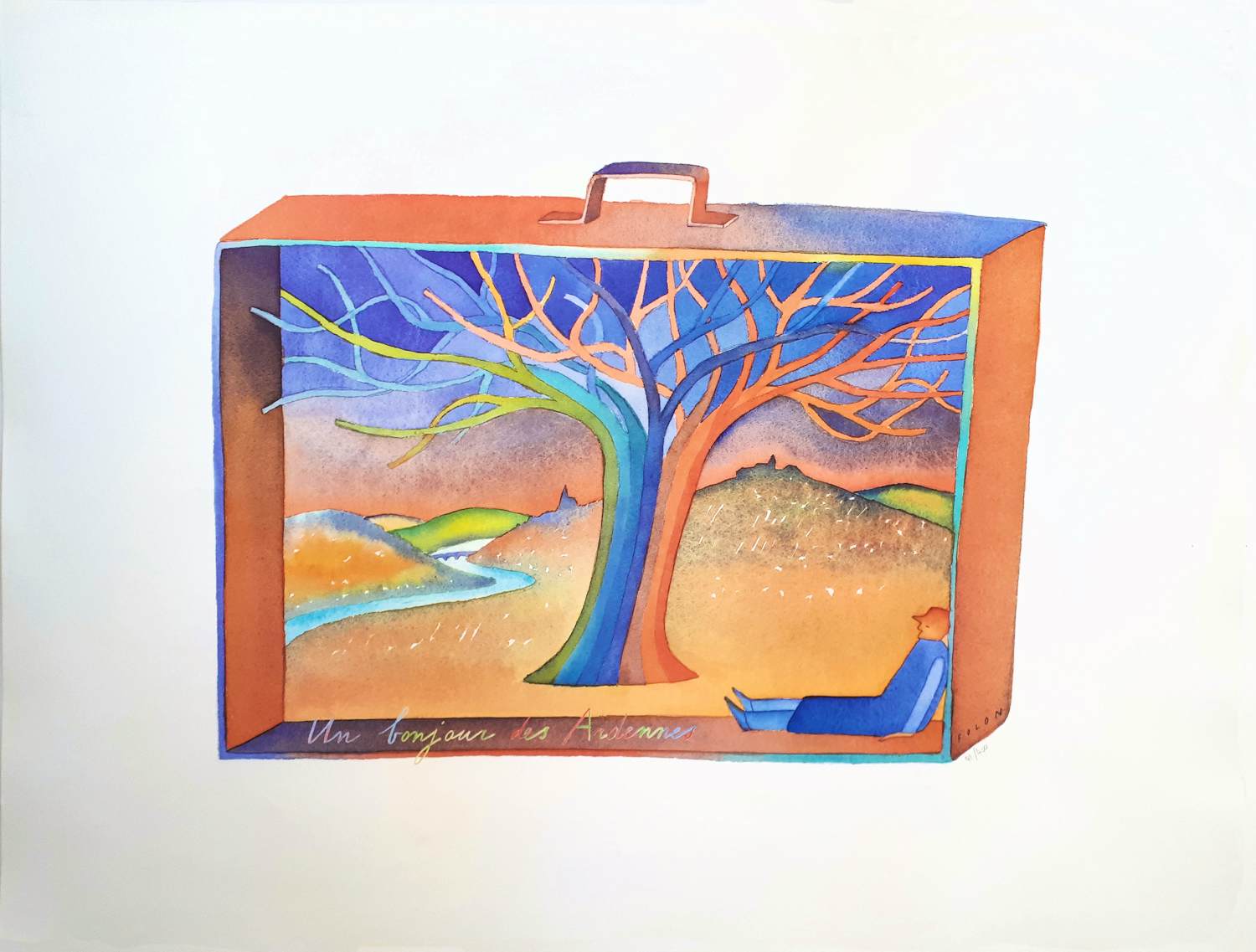 Jean Michel Folon - Reizen in een koffer, Een groet uit de Ardennen, Offsetlithografie verkocht voor € 80!