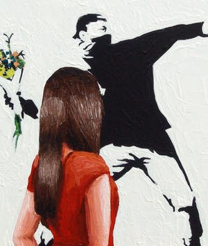 Gerard Boersma - Flower Thrower (Vrouw kijkend naar schilderij van Banksy) kopen? Bied vanaf 75!
