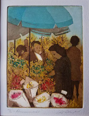 Willy Belinfante - Fraaie kleuren ets "bloemenmarkt" - beperkte oplage (42/60) potloodgesigneerd kopen? Bied vanaf 48!