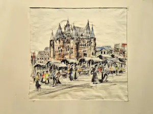 Niet of onleesbaar gesigneerd - Leuke vlot geschilderde jaren 50 Aquarel "Nieuwmarkt Amsterdam" kopen? Bied vanaf 1!