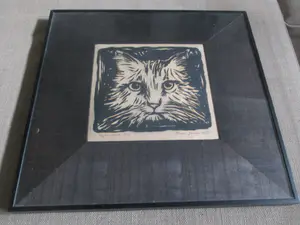 Niet of onleesbaar gesigneerd - Ingelijste houtsnede kat kopen? Bied vanaf 1!