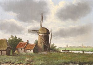 Piet Arends - Olieverf op paneel, Landschap met molen kopen? Bied vanaf 35!