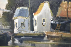 Jan Kelderman - Edam haven met scheepswerf - groot olieverfschilderij, ingelijst kopen? Bied vanaf 60!