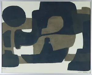 Hilde Mohring - Houtsnede (handbewerkt), Z.T. Abstracte compositie in bruin en zwart - Ingelijst kopen? Bied vanaf 50!
