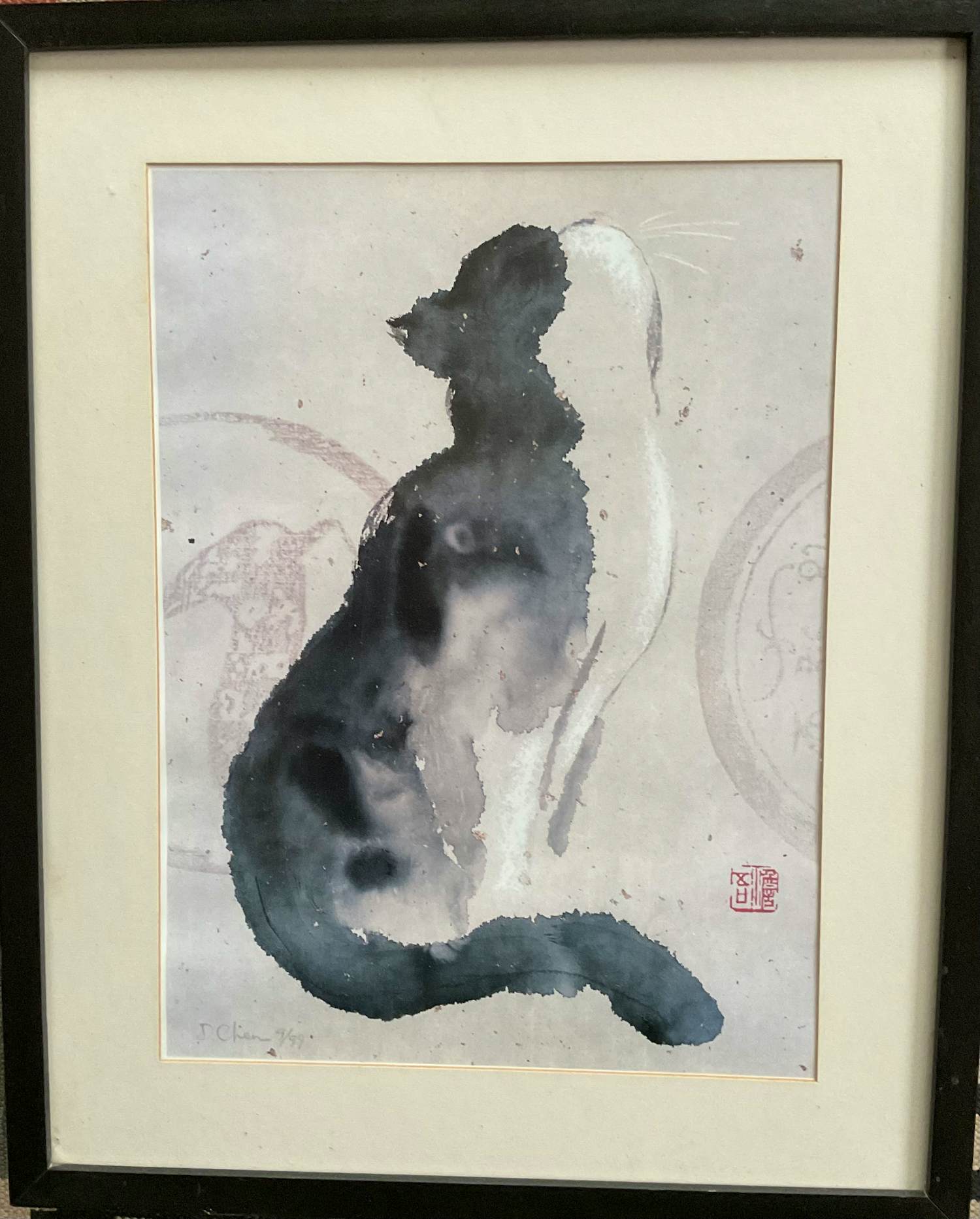 Dehong Chen - Zittende Kat, waterverf, offset, gesigneerd in de druk kopen? Bied vanaf 40!