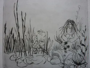 Margriet Snel - ets van vrouw aan oever in landschap kopen? Bied vanaf 5!