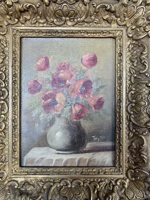 Tilly Moes - Klaprozen in groene vaas op tafel met kleed kopen? Bied vanaf 50!