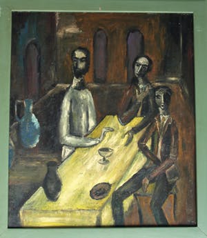 Niet of onleesbaar gesigneerd - Olieverf op board , “Aan de tafel” – gesigneerd & ingelijst kopen? Bied vanaf 10!