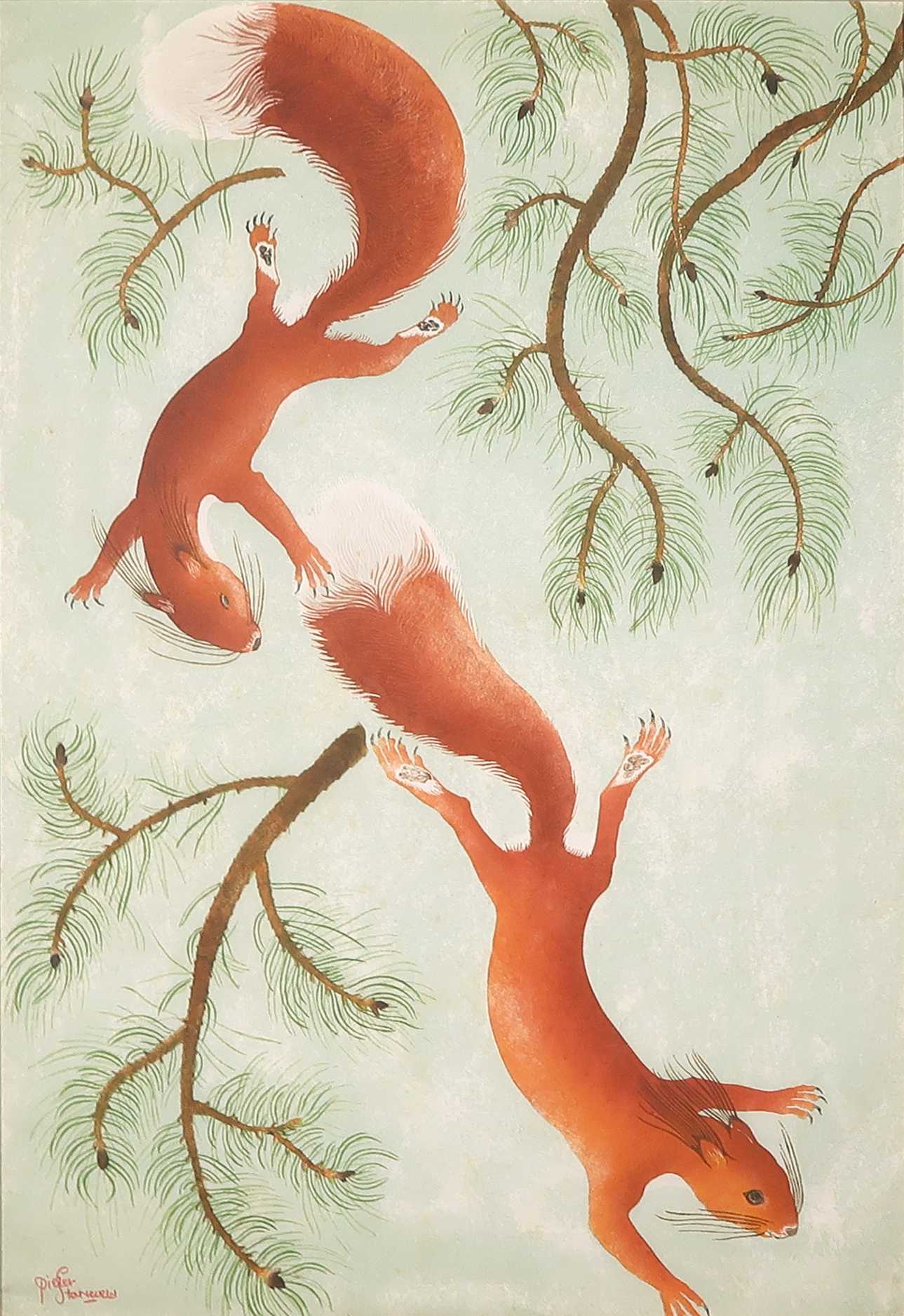 Pieter Starreveld - Lino op geschept papier, Twee eekhoorns kopen? Bied vanaf 20!