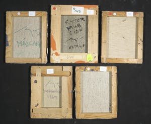 Igor Issacovitch - Lot van vijf werken (acryl/collage met postzegels) op doek, Extermination kopen? Bied vanaf 1!