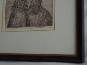 Ronnie Meerts - Ingelijste ets, “Dubbelportret”, 2 Poezen kopen? Bied vanaf 1!