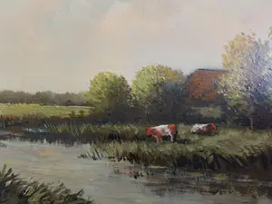 Niet of onleesbaar gesigneerd - 2 fraaie landschapsschilderijtjes met koeien en eenden kopen? Bied vanaf 1!