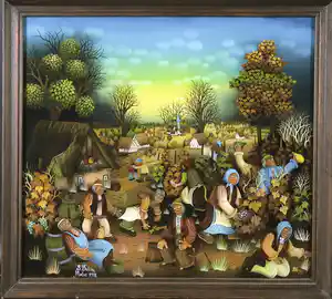Martin Stjepan Dukin - Achterglas schildering, Wijnoogst - Ingelijst verkocht voor € 340!