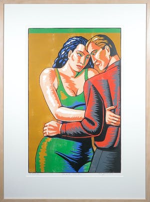 Leon Janssen - Houtsnede, Paar op oker (tête à tête)- Ingelijst kopen? Bied vanaf 80!