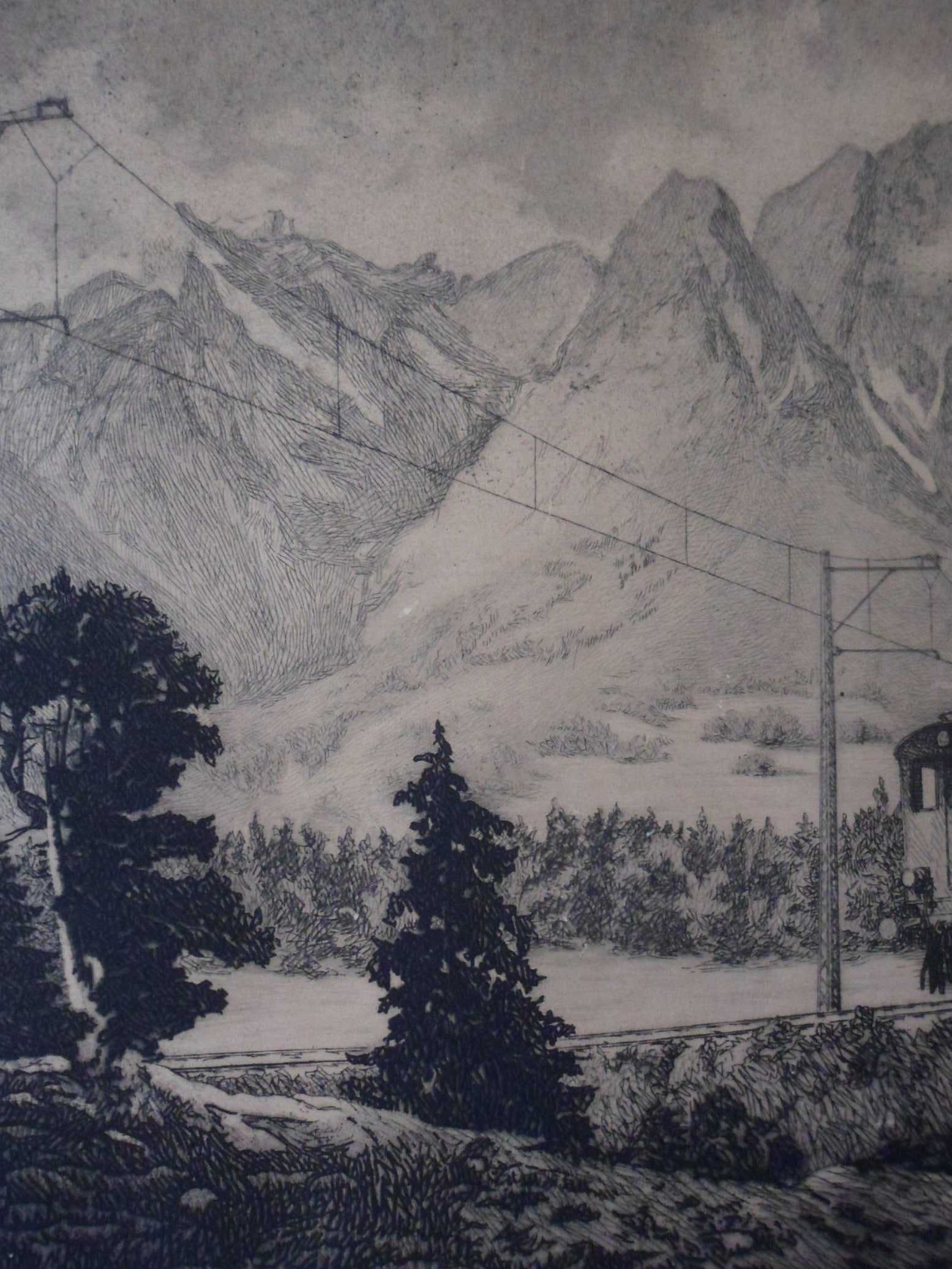 Niet of onleesbaar gesigneerd - Ets van een berglandschap met een trein. kopen? Bied vanaf 1!