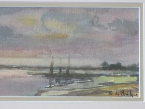 Frans de Nocker - Haventje in landschap bij avondlicht - Gemengde techniek kopen? Bied vanaf 55!