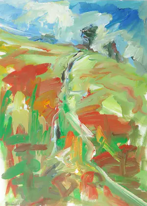 Liz Strick - Acryl op papier, Poppyfield in Chilterns Hills- Ingelijst kopen? Bied vanaf 1!