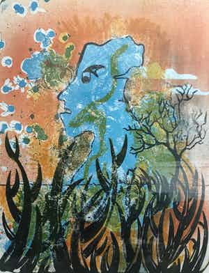 Jan van der Meulen - Lithografie, Blue sculpture - Ingelijst verkocht voor € 45!